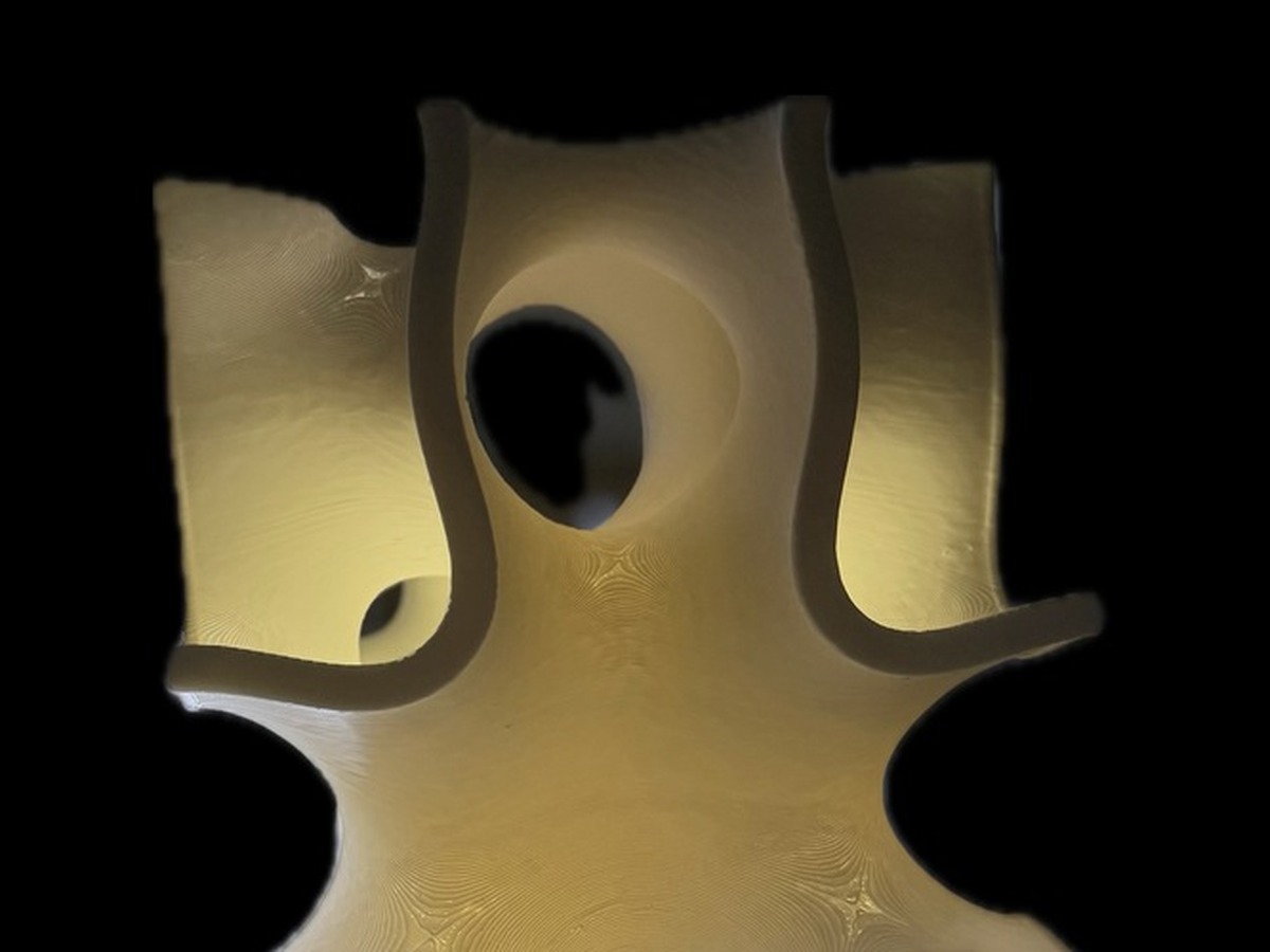 Close-up inside a void of a 3D-printed lattice formwork, warm-lit against pure black, before concrete is cast into it.