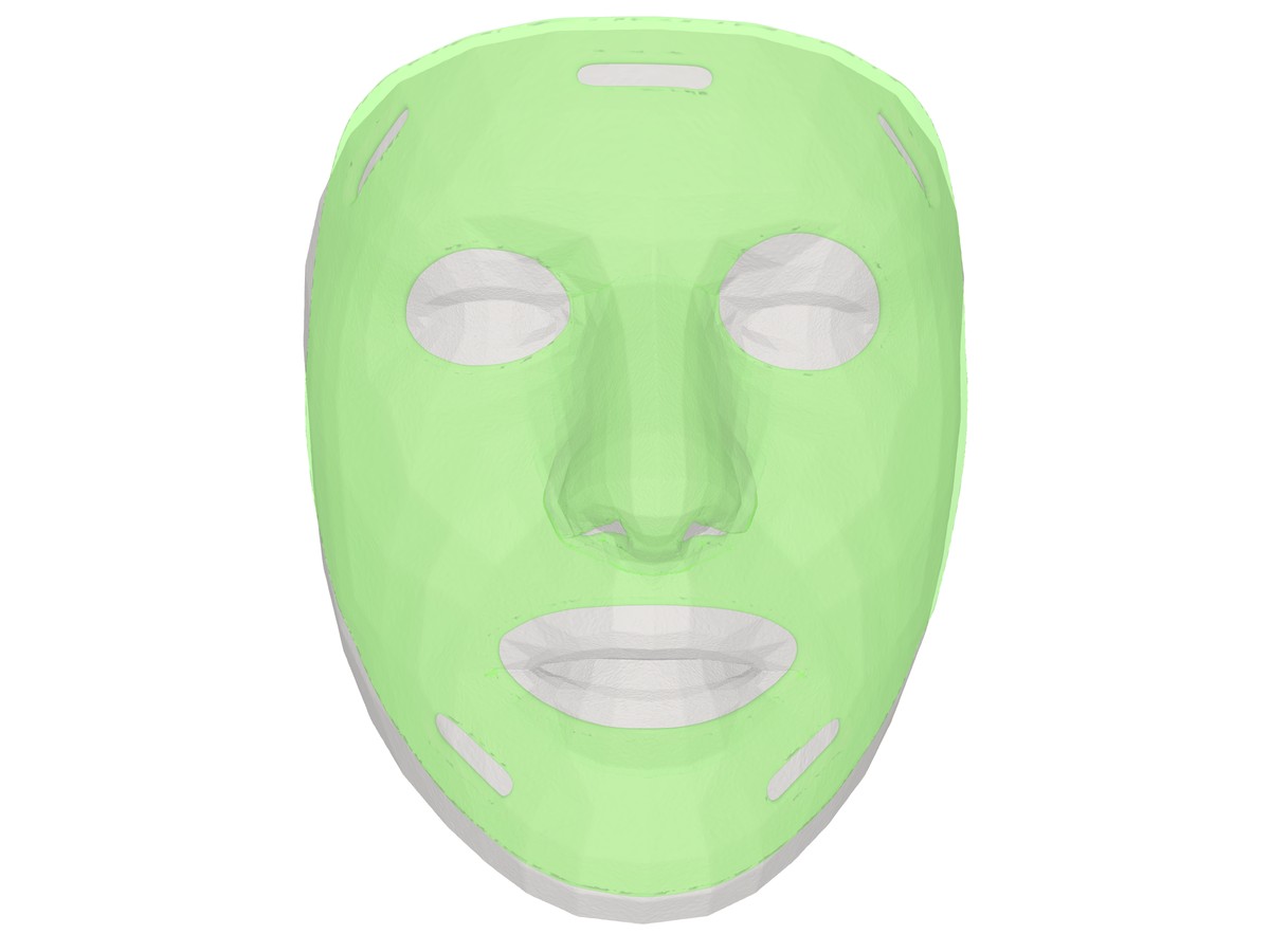 Front view of a synthetic (non-PII) face wearing a translucent acid-green pressure mask, cut for the eyes, nose and mouth, on a pure white background.