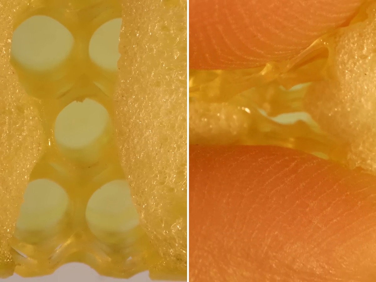 Two-panel macro composite: left, a cross-section of the printed lattice inside the foam wearable material; right, the same material flexed between two fingers to show its softness.